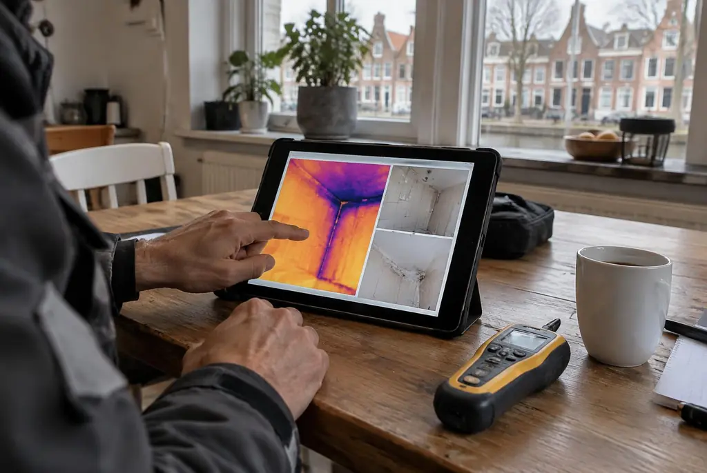 Lekdetectie Ameide – lekdetectierapport met warmtebeelden en foto's op een tablet