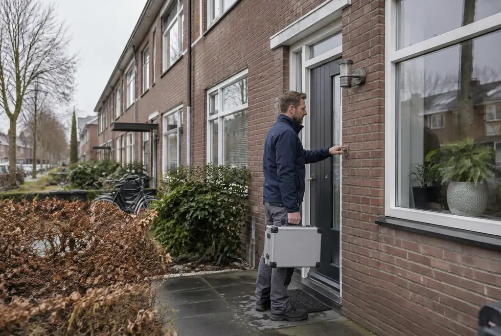 Lekdetectiespecialist met meetkoffer bij de voordeur van een woning in Ameide